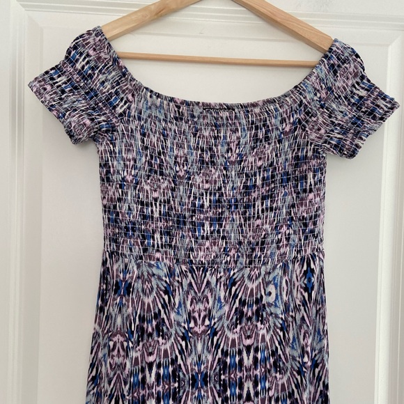 Express Smocked Bodice Maxi Dress Blue Purple Stretch Comfy Boho Off Shoulder S - Picture 6 of 16